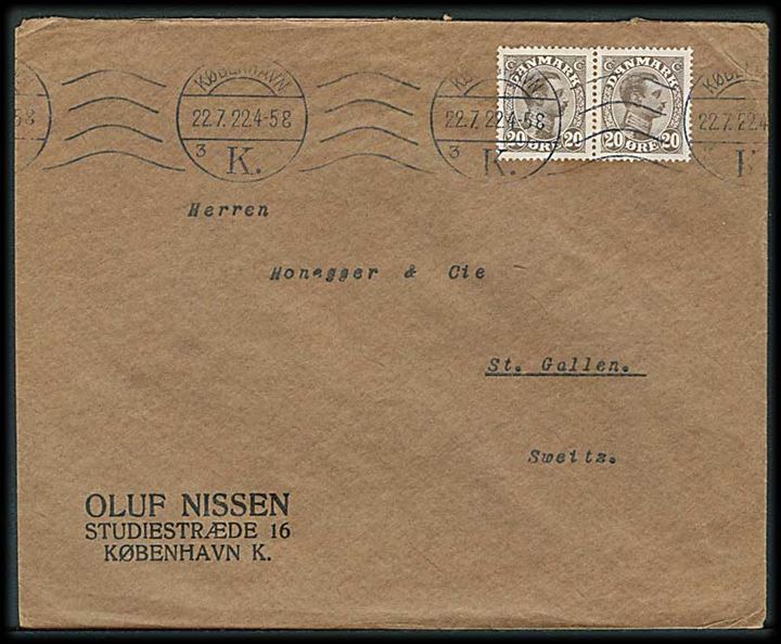 20 øre Chr. X i parstykke på brev fra København d. 22.7.1922 til St. Gallen, Schweiz.