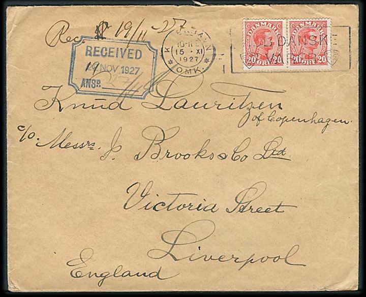 20 øre Chr. X i parstykke på brev fra København d. 15.11.1927 til Liverpool, England.