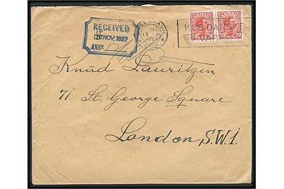 20 øre Chr. X i parstykke på brev fra København d. 13.11.1927 til London, England.