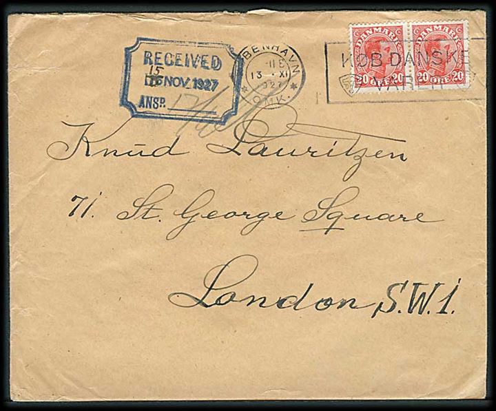 20 øre Chr. X i parstykke på brev fra København d. 13.11.1927 til London, England.