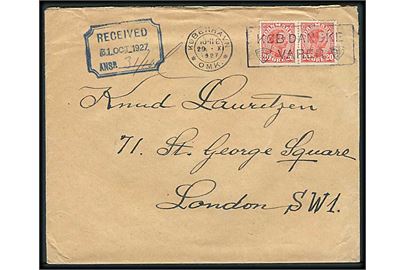 20 øre Chr. X i parstykke på brev fra København d. 29.10.1927 til London, England.