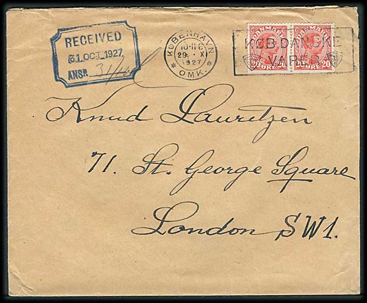 20 øre Chr. X i parstykke på brev fra København d. 29.10.1927 til London, England.