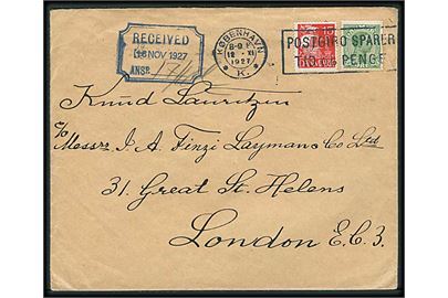 25 øre Chr. X og 15 øre Karavel på brev fra København d. 12.11.1927 til London, England.