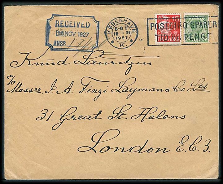 25 øre Chr. X og 15 øre Karavel på brev fra København d. 12.11.1927 til London, England.