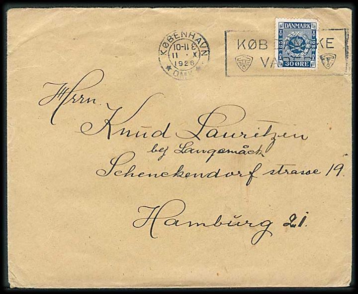 30 øre Frimærkejubilæum på brev fra København d. 11.10.1926 til Hamburg, Tyskland.