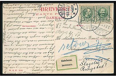 5 øre Chr. IX og 5 øre Fr. VIII på brevkort fra Slagelse JB.P.E. d. x.5.1907 til Hamburg. Retur med 2-sproget returetiket Unbekannt / inconnu. 