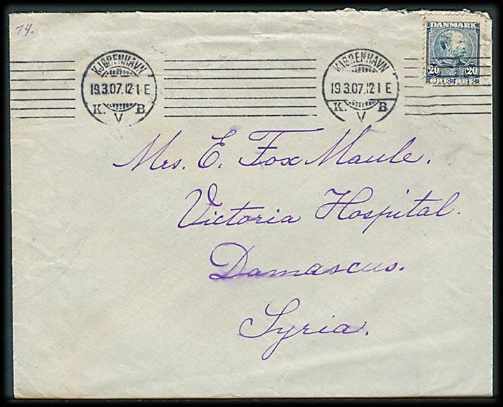 20 øre Chr. IX på brev fra Kjøbenhavn d. 19.3.1907 til Damaskus, Syrien.