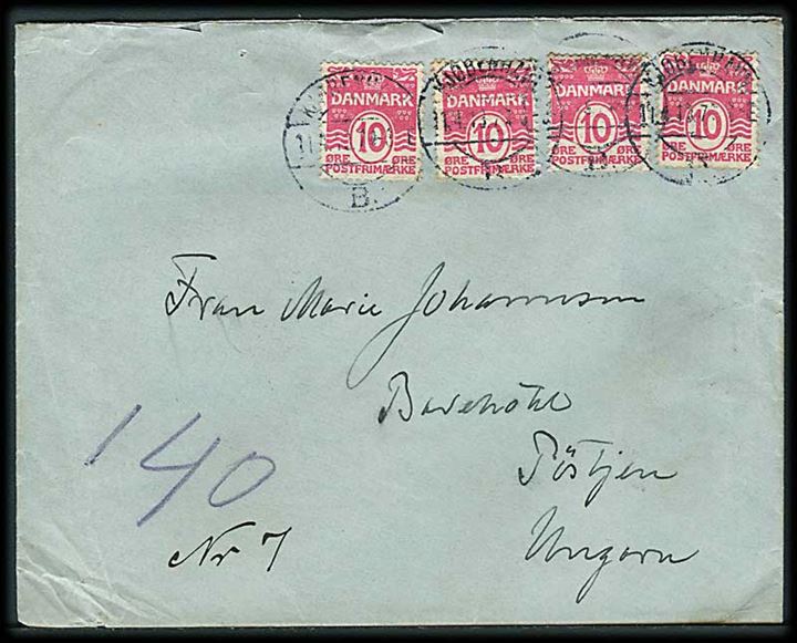 10 øre Bølgelinie (4) på brev fra Kjøbenhavn d. 11.4.1913 til Pöstyen, Ungarn.
