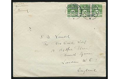 10 øre Bølgelinie i 3-stribe på brev annulleret med brotype Ia Rask Mølle d. 2.9.1926 til London, England.