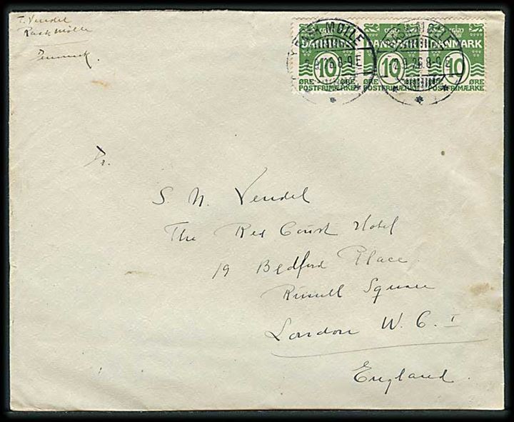 10 øre Bølgelinie i 3-stribe på brev annulleret med brotype Ia Rask Mølle d. 2.9.1926 til London, England.