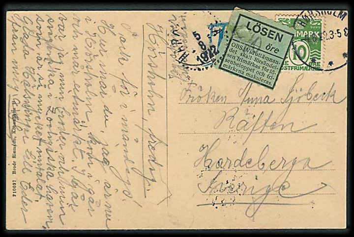 10 øre Bølgelinie på underfrankeret brevkort fra Hørsholm d. 4.8.1922 til Hardeberga, Sverige. 10 öre grøn Lösen etiket.