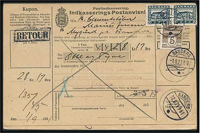 5 øre Bølgelinie og 20 øre Genforening (2) på lokal retur indkasserings-postanvisning fra Randers d. 1.9.1921. 