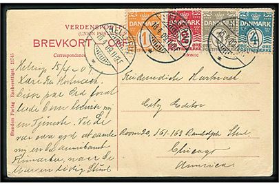 1 øre, 2 øre, 3 øre og 4 øre Bølgelinie på brevkort fra Hellerup d. 16.4.1909 til Chicago, USA.