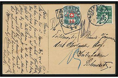 5 øre Bølgelinie på underfrankeret brevkort fra Assens d. 3.8.1912 til Interlaken, Schweiz. Rammestempel Utilstrækkelig frankeret og 15 c. portomærke stemplet Interlaken d. 4.8.1912.