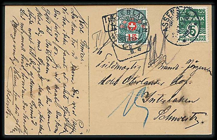 5 øre Bølgelinie på underfrankeret brevkort fra Assens d. 3.8.1912 til Interlaken, Schweiz. Rammestempel Utilstrækkelig frankeret og 15 c. portomærke stemplet Interlaken d. 4.8.1912.