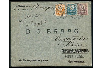 1 øre, 4 øre og 15 øre Bølgelinie på brev fra Kjøbenhavn d. 4.6.1906 til Eurotoria på Krim, Rusland.