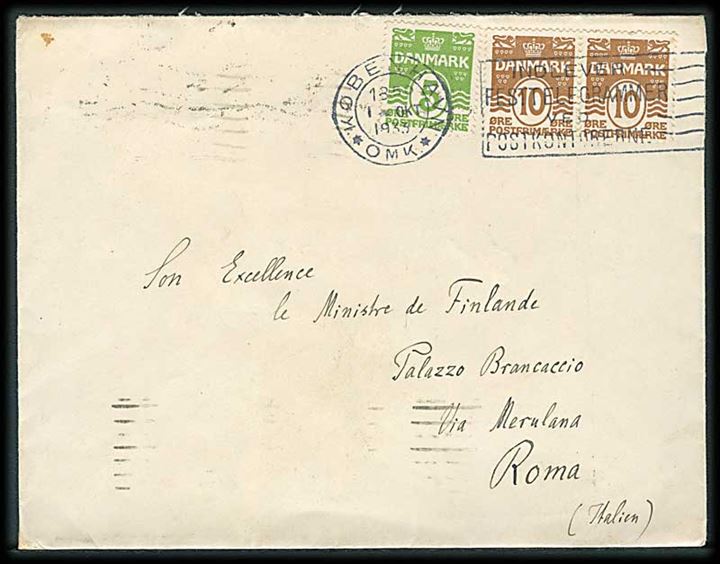 5 øre og 10 øre (par) Bølgelinie på brev fra København d. 1.10.1933 til Rom, Italien.