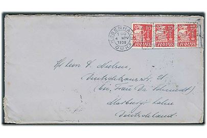 15 øre Karavel (3) på brev fra København d. 4.11.1938 til Marburg, Tyskland. Åbnet af tysk toldkontrol i Kassel.