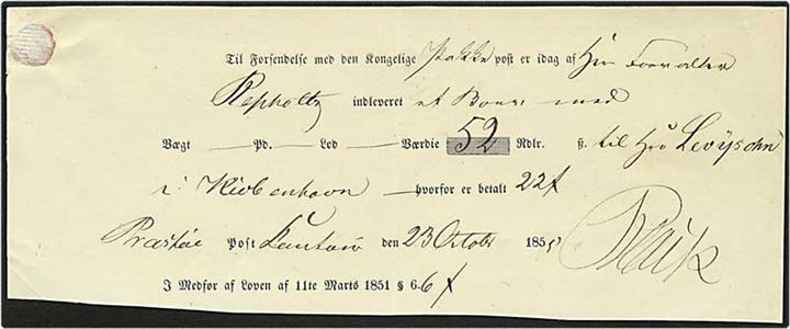 Pakkefølgeseddel fra København d. 23.10.1859.