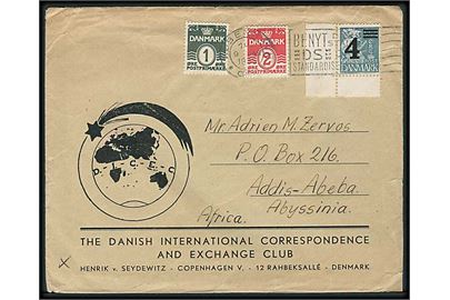 1 øre, 2 øre Bølgelinie og 4/25 øre Provisorium på 7 øre frankeret tryksag fra København d. 9.1.1935 til Addis-Abeba, Abyssinien, Afrika. Spændende destination.