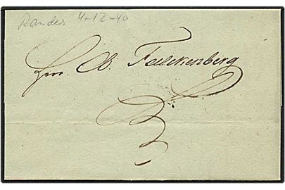 Ufrankeret lokalt sendt brev fra Randers d. 4.12.1840.