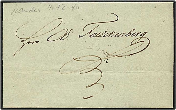 Ufrankeret lokalt sendt brev fra Randers d. 4.12.1840.