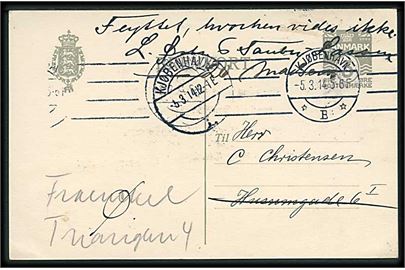 3 øre helsagsbrevkort sendt lokalt i Kjøbenhavn d. 5.3.1914. Retur med påskrift: Flyttet, hvorhen vides ikke.