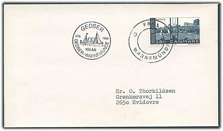 2,80 kr. Aalborg på brev annulleret med skibsstempel Fra * Warnemünde *  og sidestemplet med særstempel Gedser / 100 år Gedser - Warnemünde d. 27.6.1986 til Hvidovre.