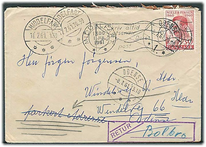30 øre Finsen på brev fra Middelfart d. 1.7.1961 til Odense. Eftersendt flere gange med div. stempler.