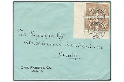 10 øre Tavsen i fireblok på brev fra Kolding d. 26.8.1936 til Ulricehamns Sanatorium, Sverige.