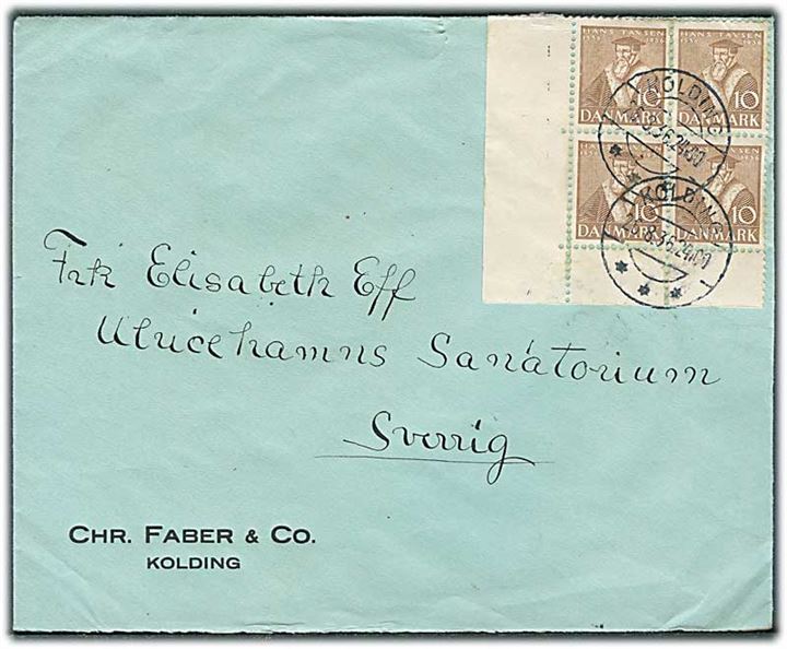 10 øre Tavsen i fireblok på brev fra Kolding d. 26.8.1936 til Ulricehamns Sanatorium, Sverige.