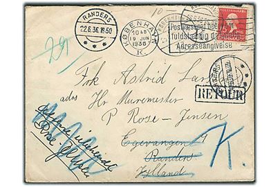 15 øre H.C.Andersen på brev fra København d. 19.6.1936 til Randers. Retur som ubekendt med flere påtegninger og stempler.