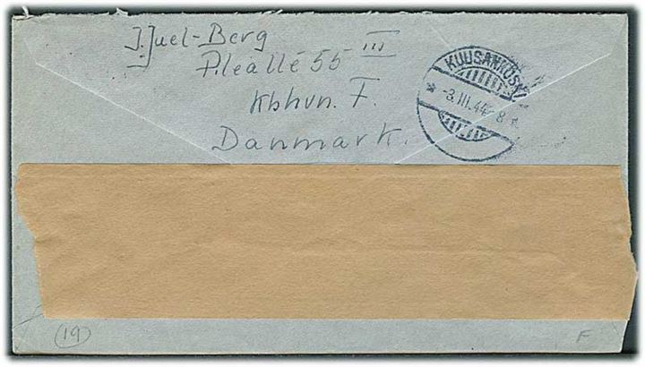 5 øre Bølgelinie og 20 øre DDL i parstykke på luftpostbrev fra København d. 28.2.1944 til Kuusankoski, Finland. Både dansk og finsk censur.