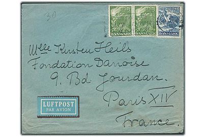 15+5 (par) og 40+5 øre Frihedsfonden på luftpostbrev fra København d. 6.6.1947 til Paris, Frankrig.