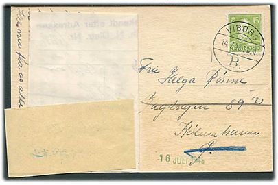 15 øre Chr. X på brevkort (Silkeborg, Skoletorvet) stemplet Viborg B. d. 14.7.1943 til København. Påsat forespørgsels etiketter.