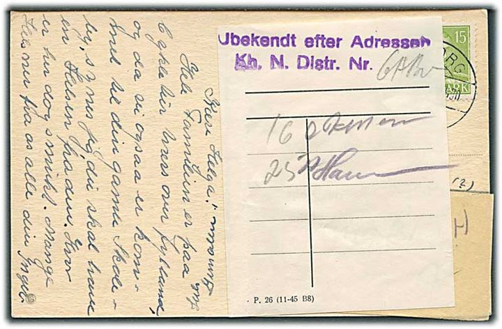15 øre Chr. X på brevkort (Silkeborg, Skoletorvet) stemplet Viborg B. d. 14.7.1943 til København. Påsat forespørgsels etiketter.