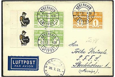 7 øre bølgelinie og KKKK reklametryk i seksblok, samt 1 øre bølge i par på luftpost brev fra København d. 26.7.1931 til Stokholm.