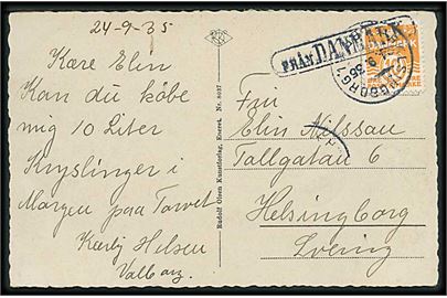 10 øre Bølgelinie på brevkort (Andelsbyggeforeningen Helsingør) annulleret med svensk stempel Hälsingborg d. 24.9.1935 og sidestemplet Från Danmark til Helsingborg, Sverige.