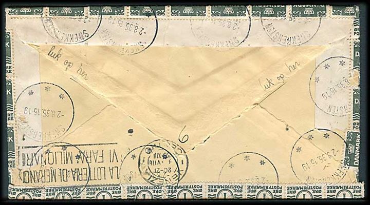 1 øre Bølgelinie (30) på brev fra Snekkersten d. 2.8.1935 til poste restante i Venezia, Italien. Påsat italiensk 25 c. Portomærke som poste restante gebyr. Mærker ombøjet.