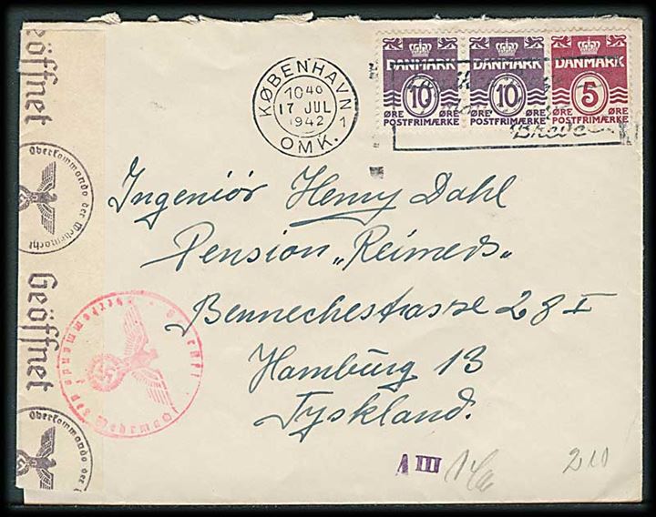 5 øre og 10 øre (par) Bølgelinie på brev fra København d. 17.7.1942 til Hamburg, Tyskland. Åbnet af tysk censur i Hamburg.