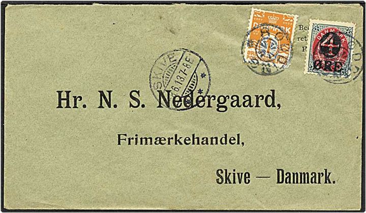 1 øre orange bølgelinie og 4/8 øre tofarvet, 40B, på brev fra Rødding d. 8.6.1913 til Skive.