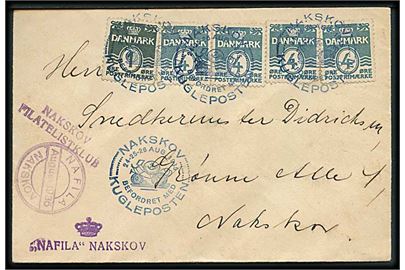 1 øre og 4 øre (4) Bølgelinie på udstillingskuvert annulleret med blåt udstillingsstempel Nakskov befordret med Kuglepost d. 24.-25. Aug. 1936.