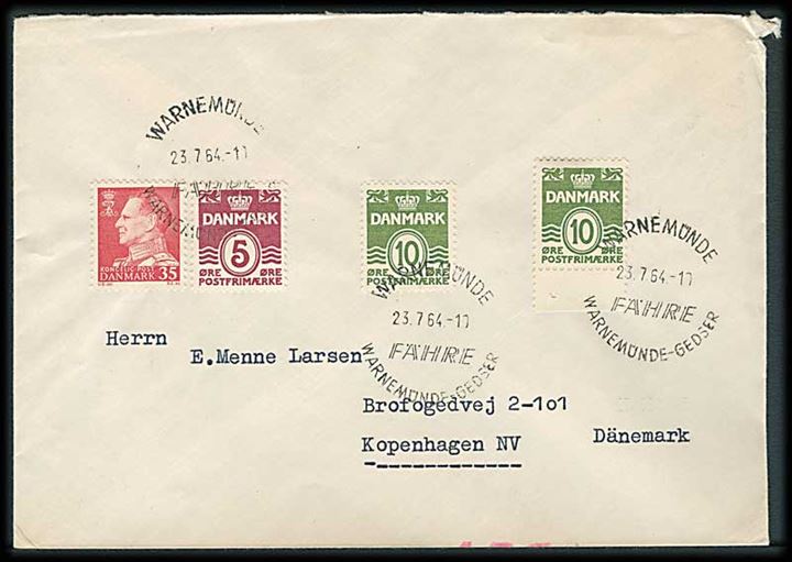 5 øre, 10 øre (2) Bølgelinie og 35 øre Fr. IX på skibsbrev annulleret med tysk stempel Warnemünde Fähre Warnemünde-Gedser d. 23.7.1964 til København, Danmark.