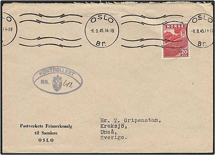 20 øre rød på brev fra Oslo, Norge, d. 8.9.1945 til Skive. Norsk efterkrigscensur.