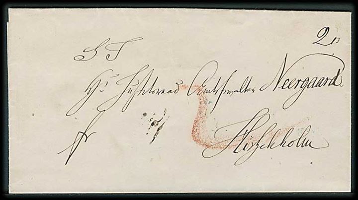 1851. Francobrev med blåt antiqua Kjøbenhavn d. 3.1.1851 til Hirschholm. påskrevet 2 skilling porto med rødkridt.