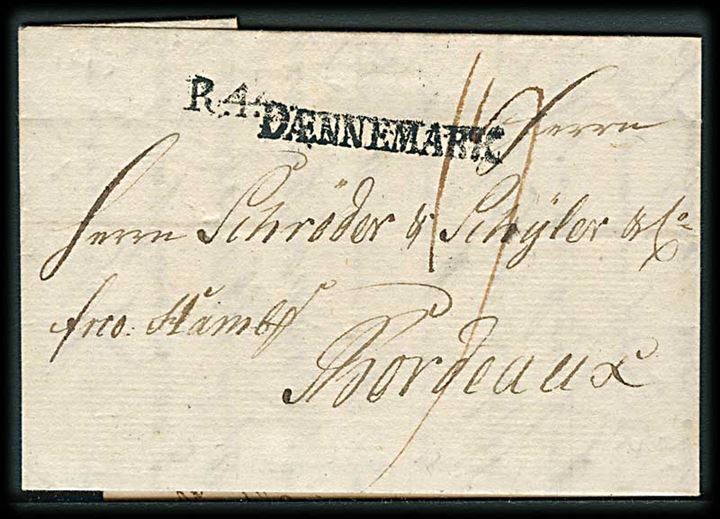 1803. Francobrev dateret Flensburg d. 21.11.1803 til Bordeaux, Frankrig. Påskrevet: Frco: Hambg.. Stemplet R.4 og DÆNNEMARK