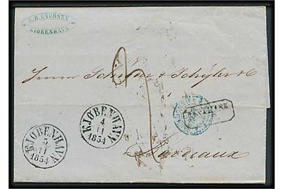 1854. Francobrev med antiqua Kjøbenhavn d. 3. og 4.11.1854 via Hamburg til Bordeaux, Frankrig. Rammestempel: Dänemark R.2.