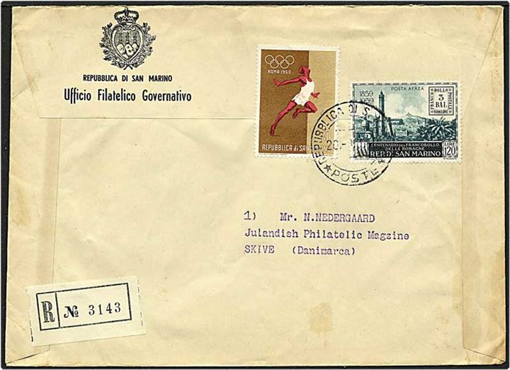 160 lire på Rec. brev fra San Marino d. 20.x.1960 til Skive.