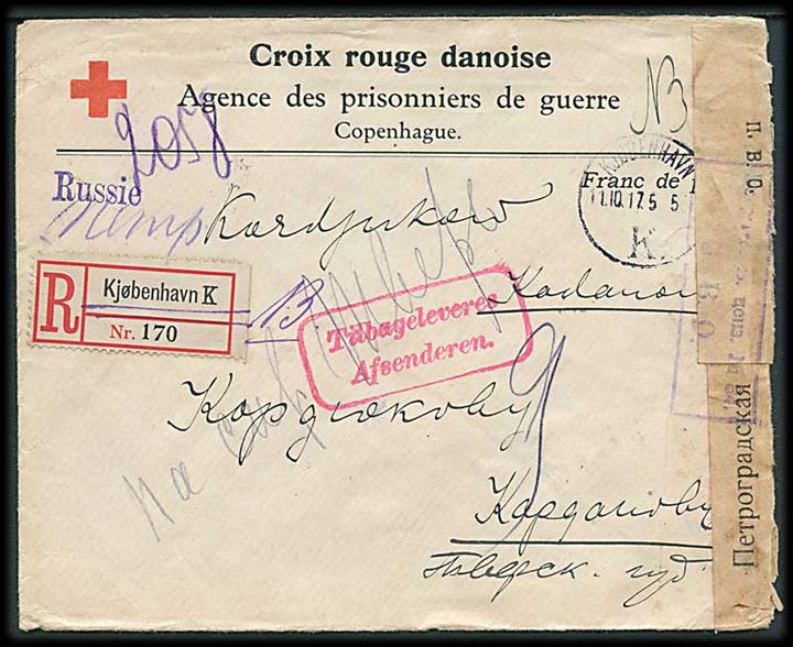 Ufrankeret anbefalet fortrykt kuvert fra Dansk Røde Kors i Kjøbenhavn d. 11.10.1917 til Rusland. Retur som ikke afhentet. Åbnet af russisk censur i Petrograd.