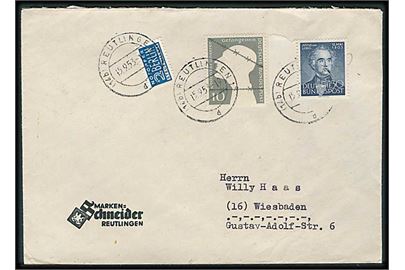 30 pfg. Liebig og 10 pfg. Gefangenen, samt 2 pfg. Berlin Notopfer på brev fra Reutlingen d. 15.9.1953 til Wiesbaden.